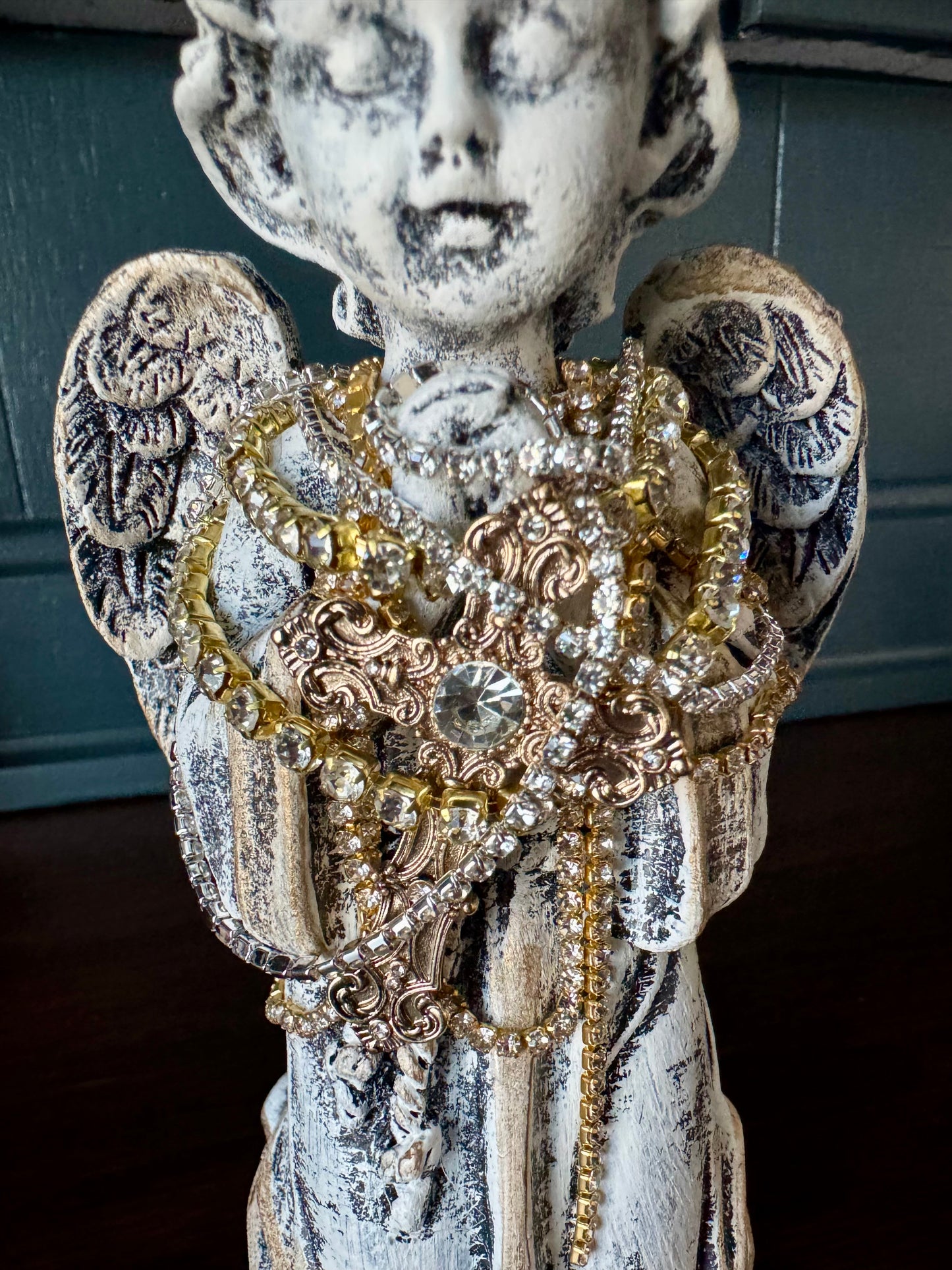 Hand Painted Resin Kneeling Angel Statue with Jeweled Crown