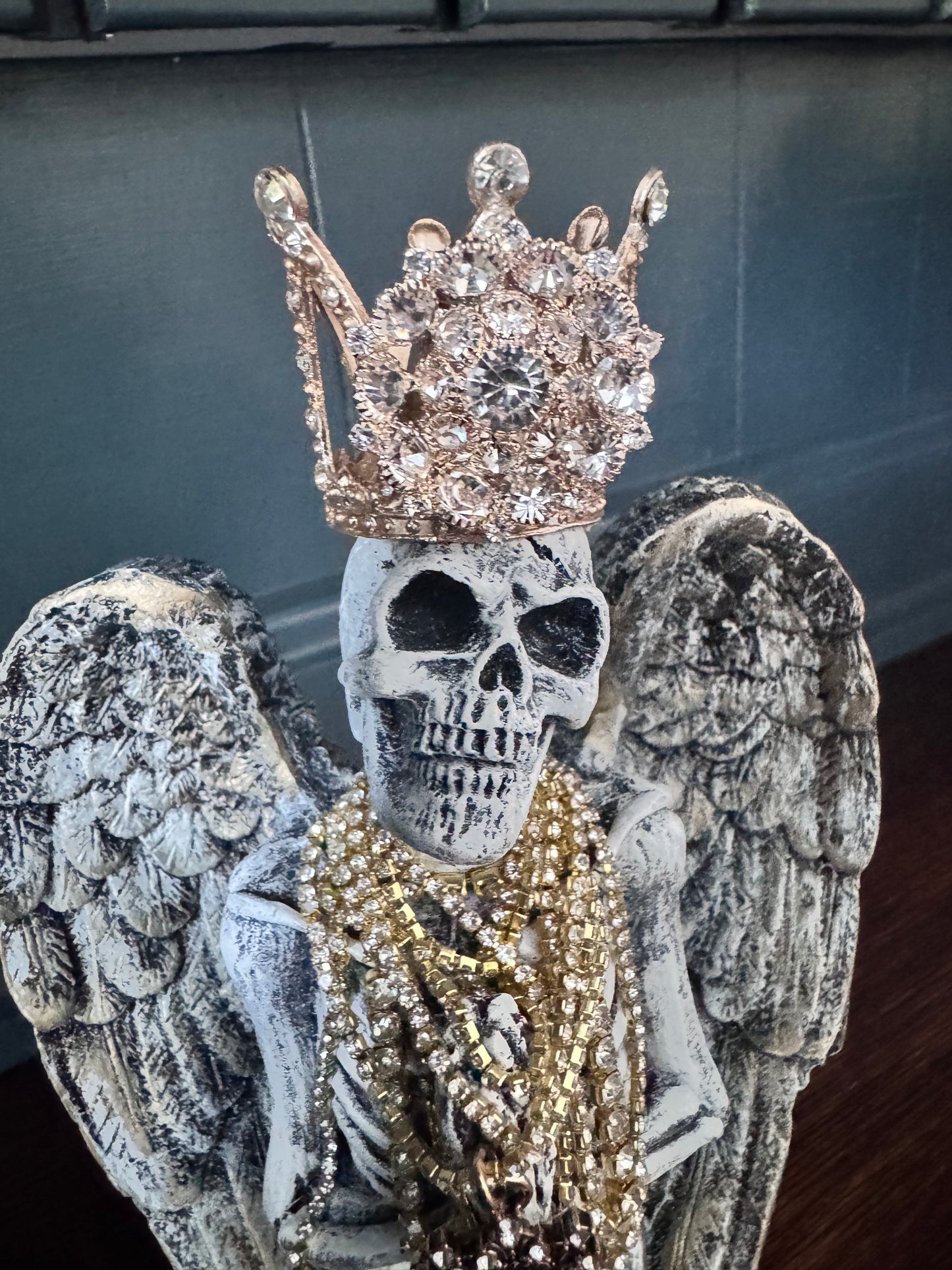 Jeweled Skeleton Angel with Crown | Hand Painted Gothic Decor