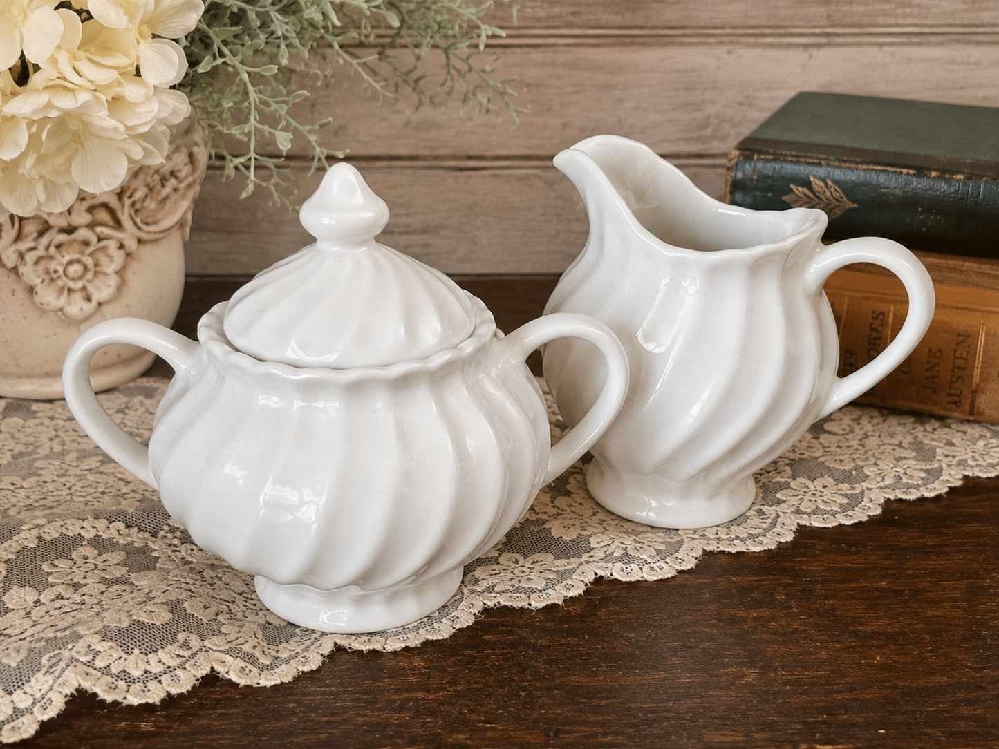 White Ceramic Sugar Bowl & Creamer Set | Estate Sale Find | Farmhouse Kitchen Decor