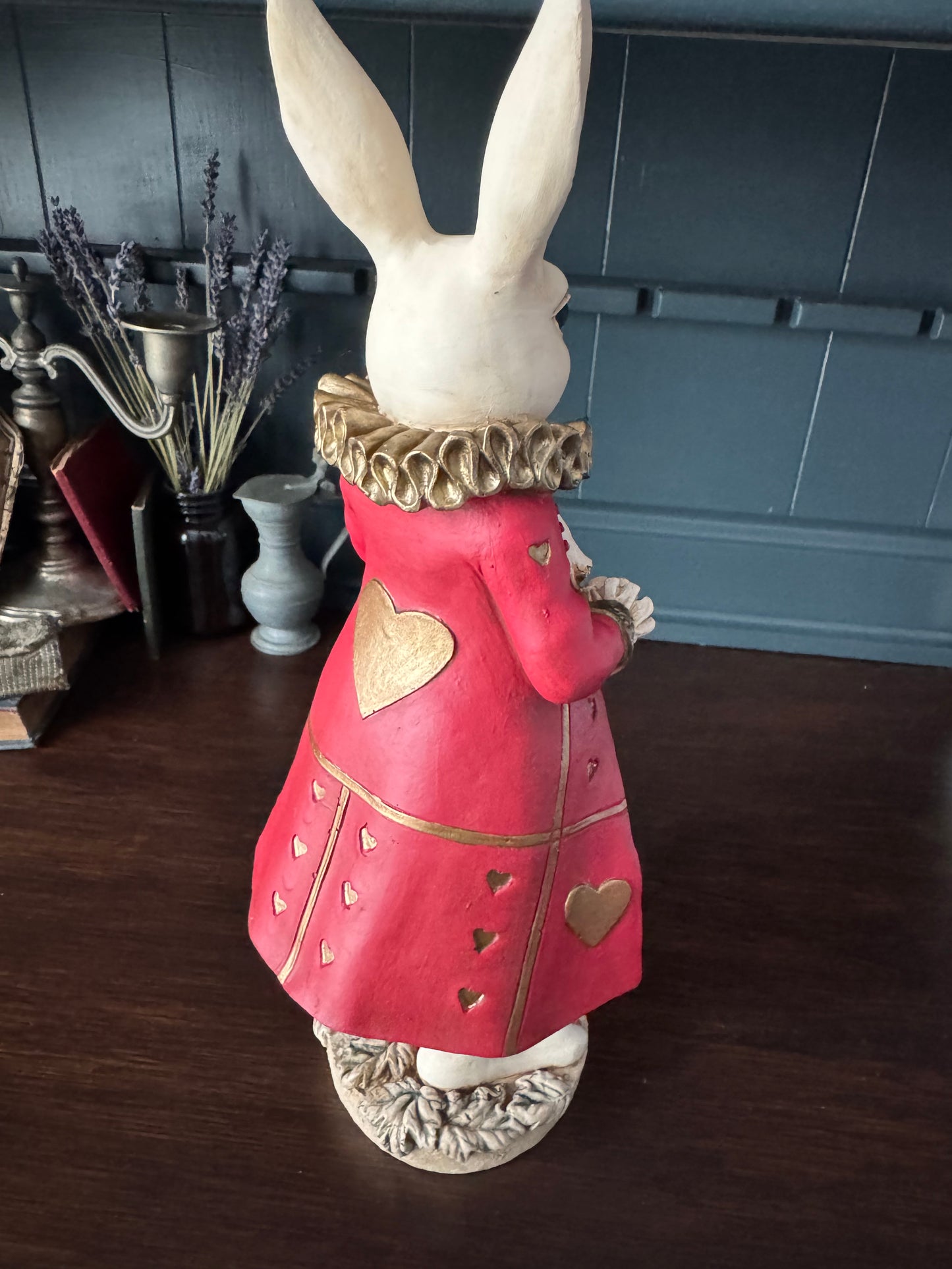 Hand Painted White Rabbit with Clock – Storybook Rabbit Statue 13.5”