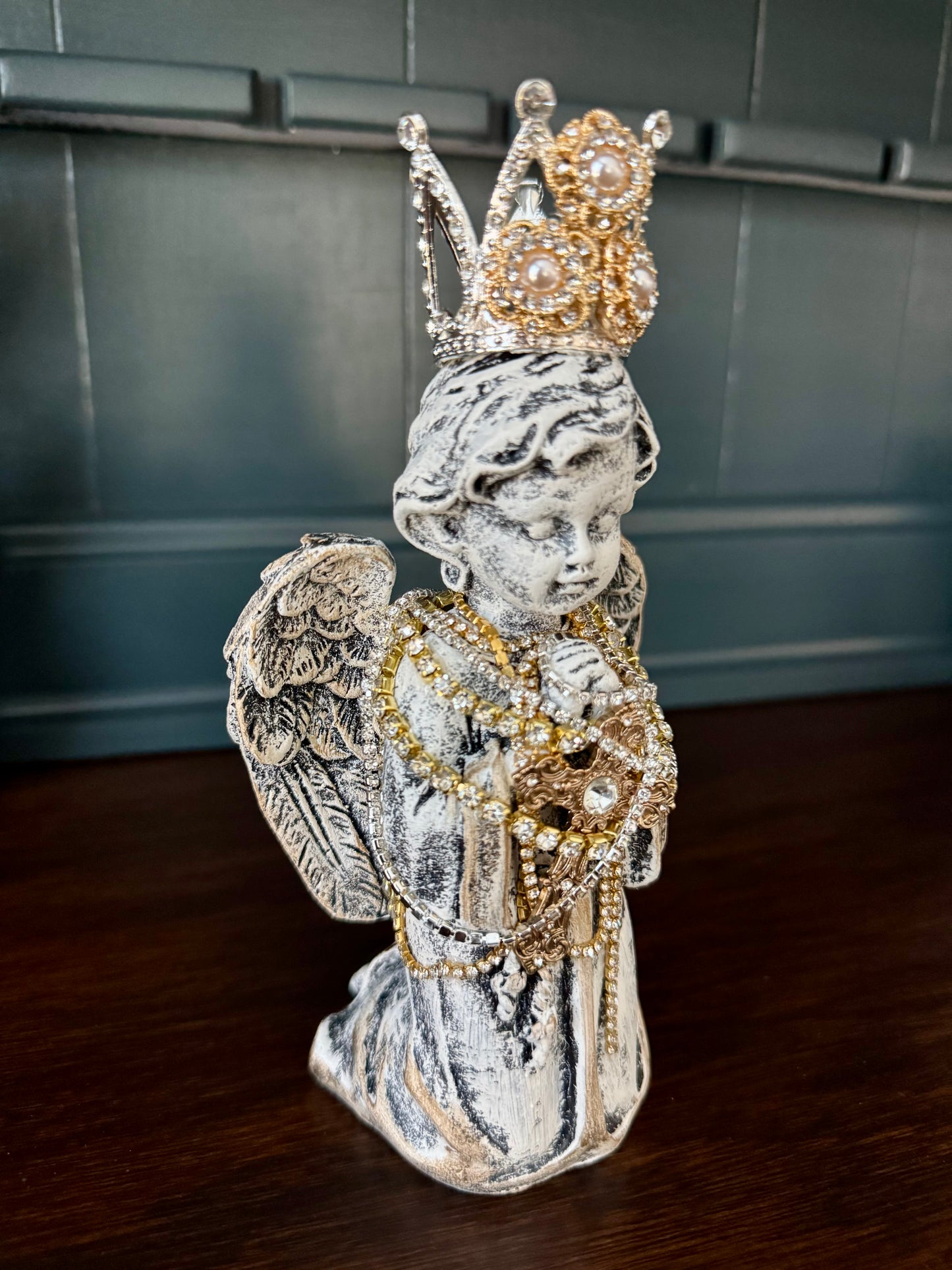Hand Painted Resin Kneeling Angel Statue with Jeweled Crown