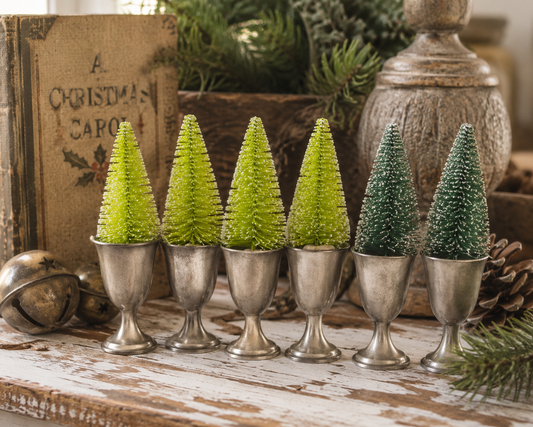 Vintage Style Pewter Chalice with Bottle Brush Tree | Mini Christmas Table Decor