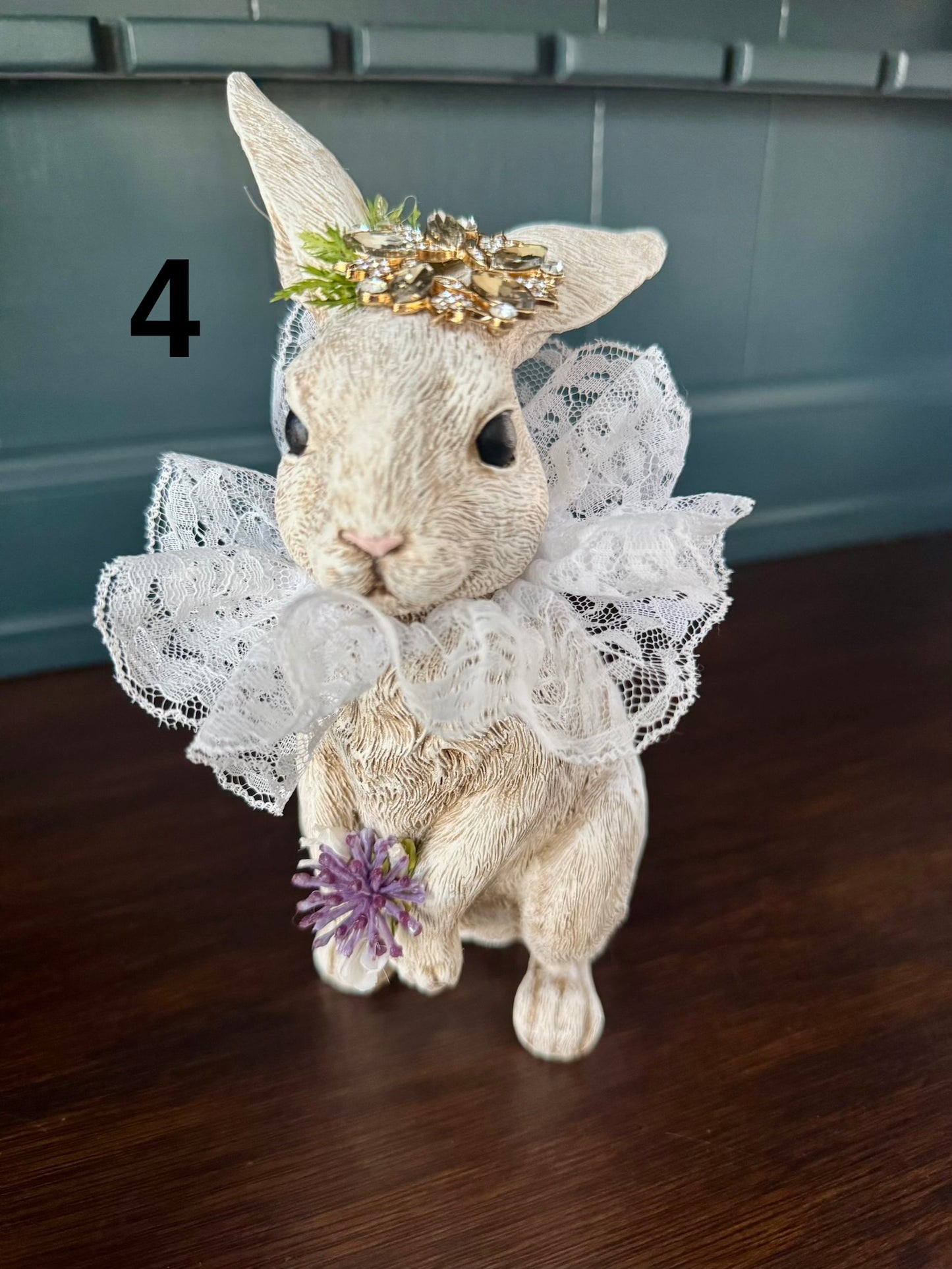 Hand Painted Bunny with Jeweled Hat & Lace Collar – Vintage Spring Decor