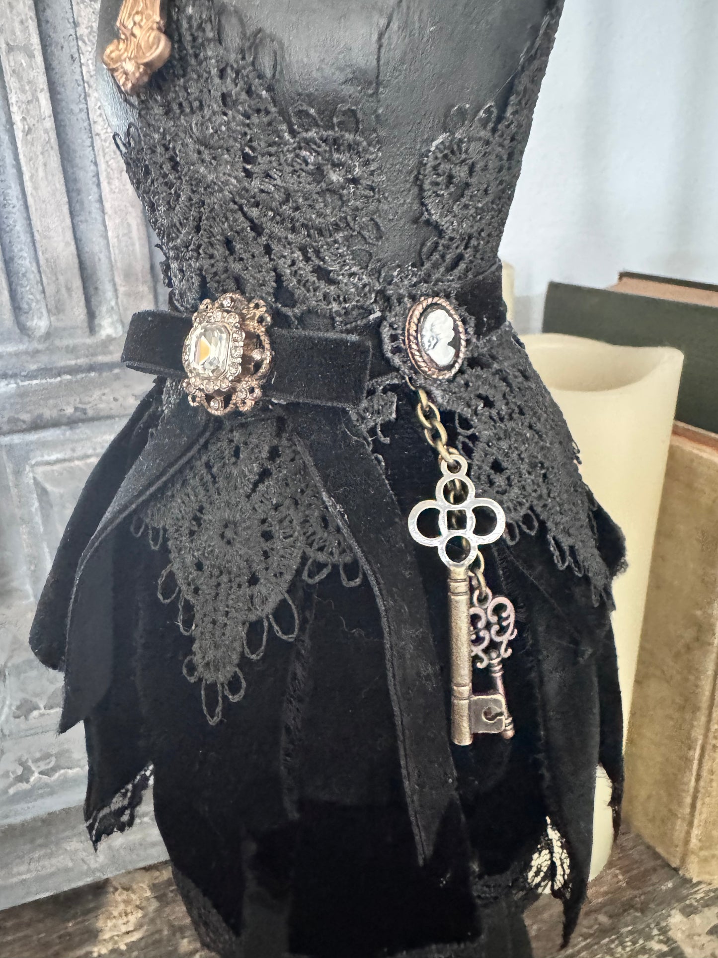 Victorian Gothic Dress Form Sculpture – Black Velvet & Lace
