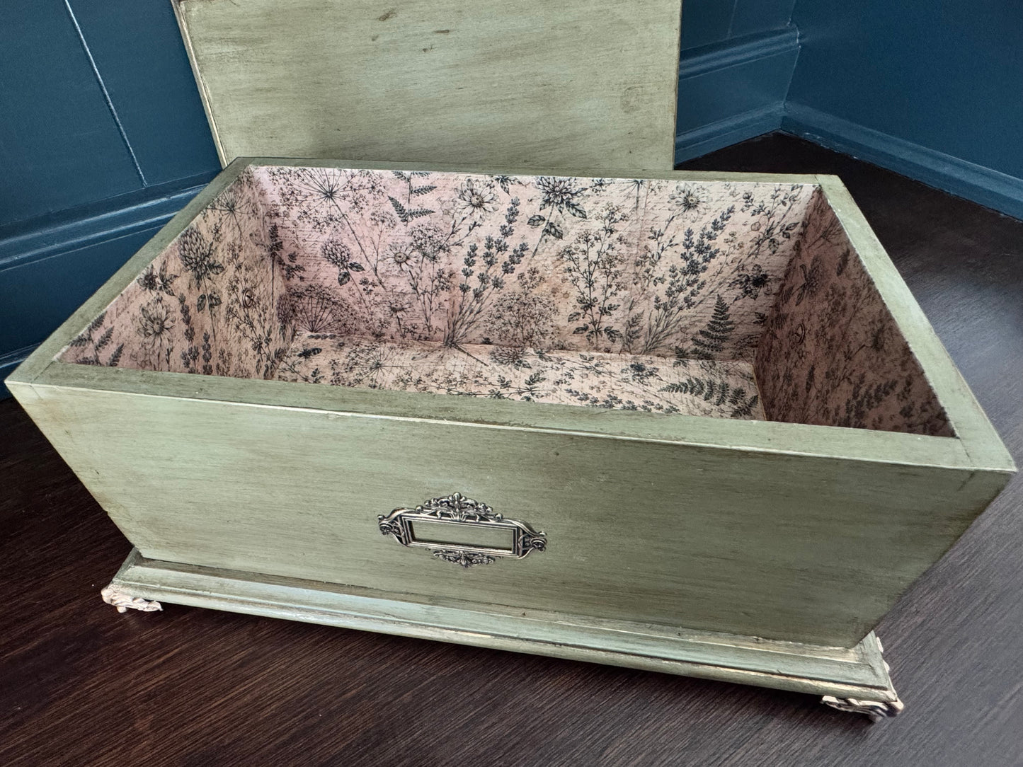 Hand Painted Sage Green Wooden Keepsake Box with Botanical Interior