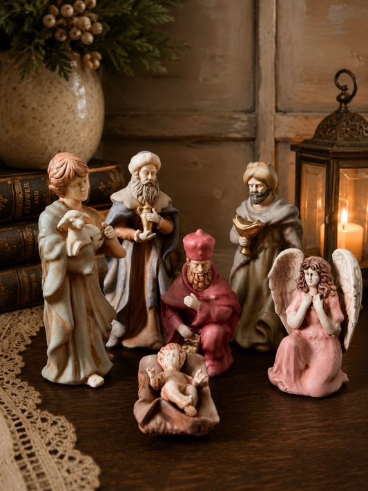 Hand Painted Porcelain Nativity Set | Reimagined Christmas Decor | 7 Piece Display
