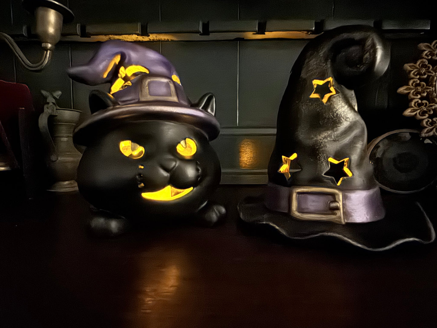 Hand-Painted Black Cat & Witch Hat Halloween Luminary Set | Ceramic Halloween Decor