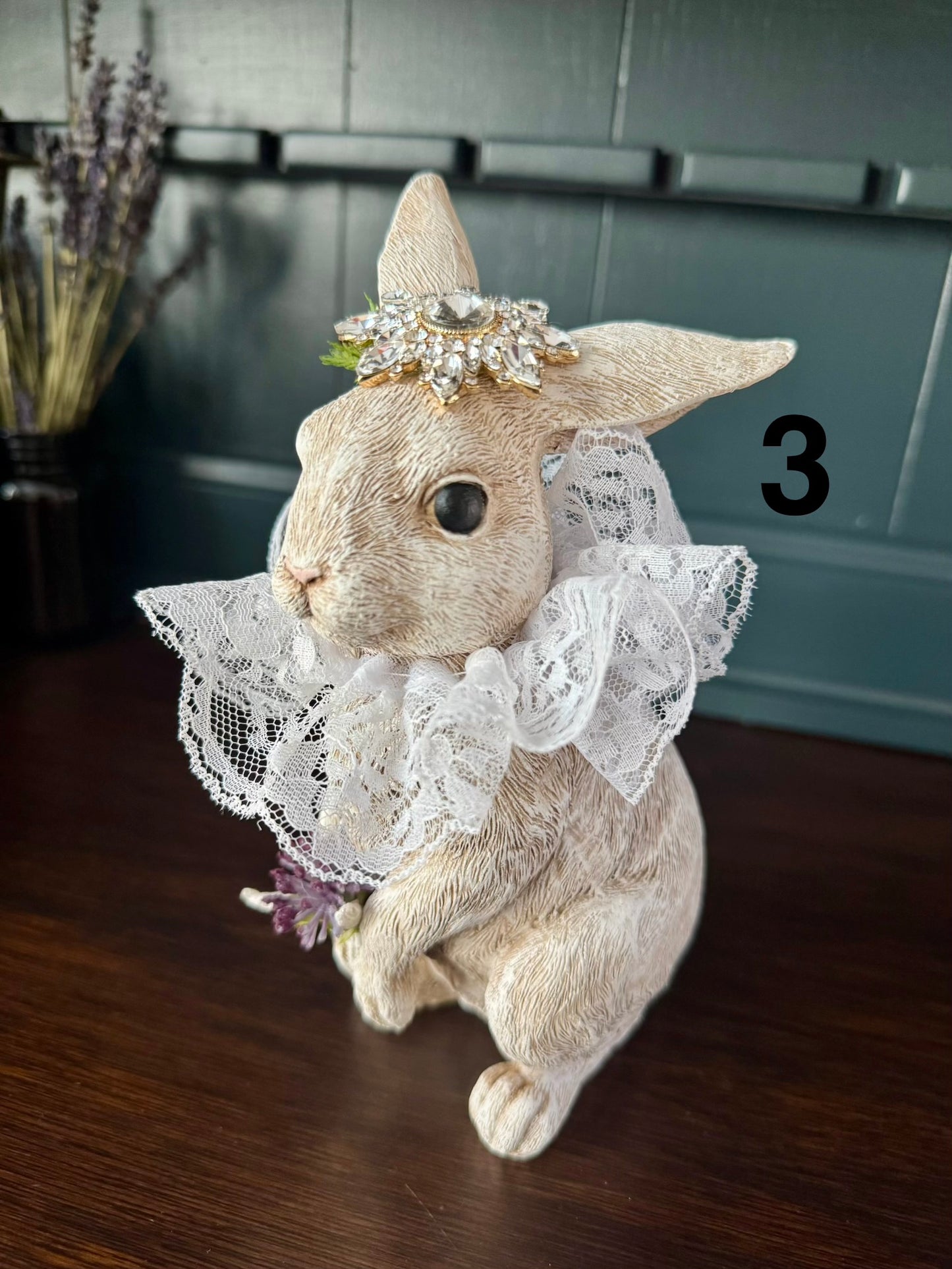 Hand Painted Bunny with Jeweled Hat & Lace Collar – Vintage Spring Decor