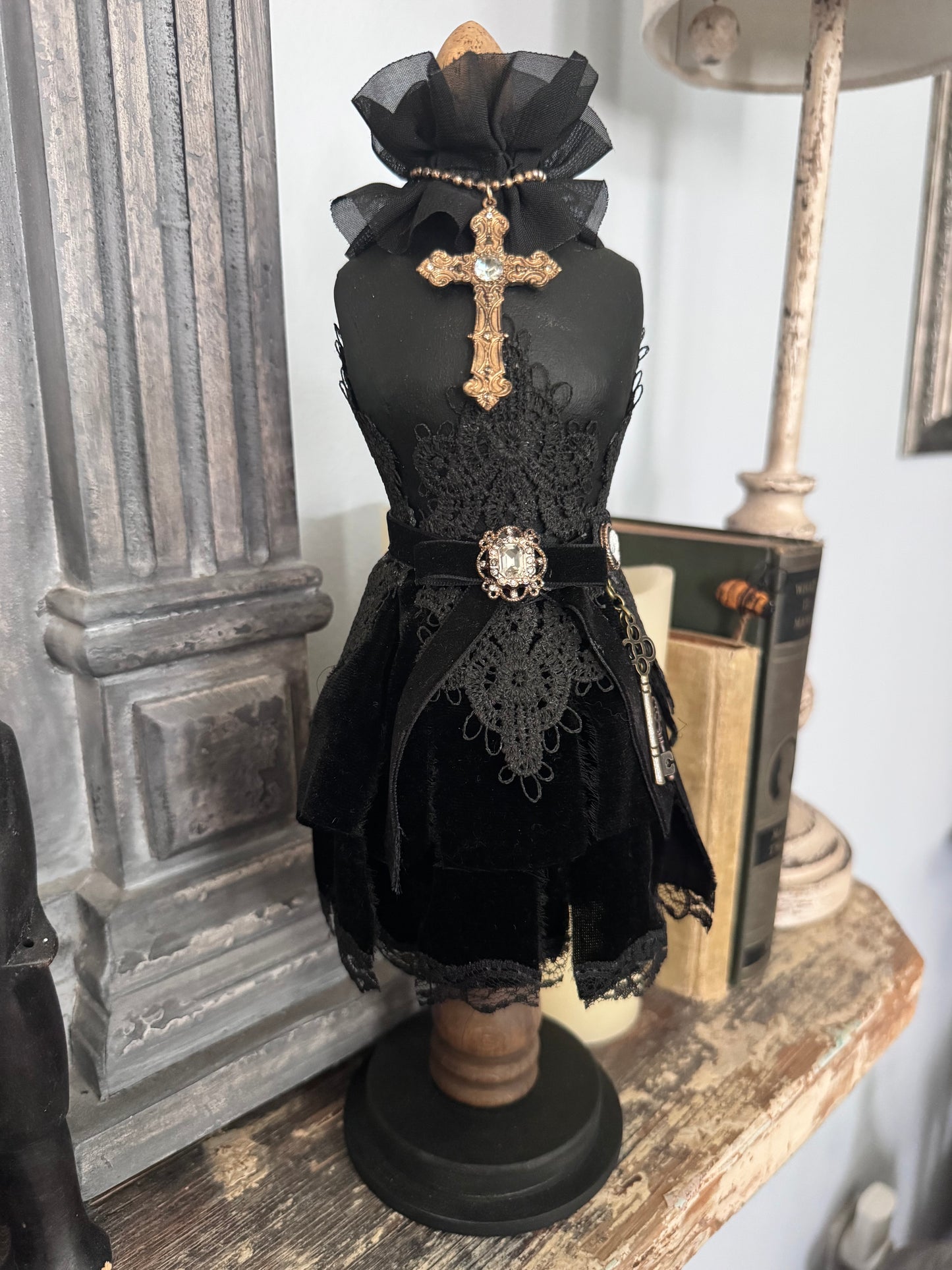 Victorian Gothic Dress Form Sculpture – Black Velvet & Lace