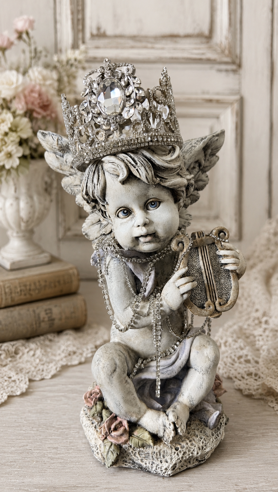Hand-Painted Cherub Statue | Vintage Angel Sculpture with Jeweled Crown
