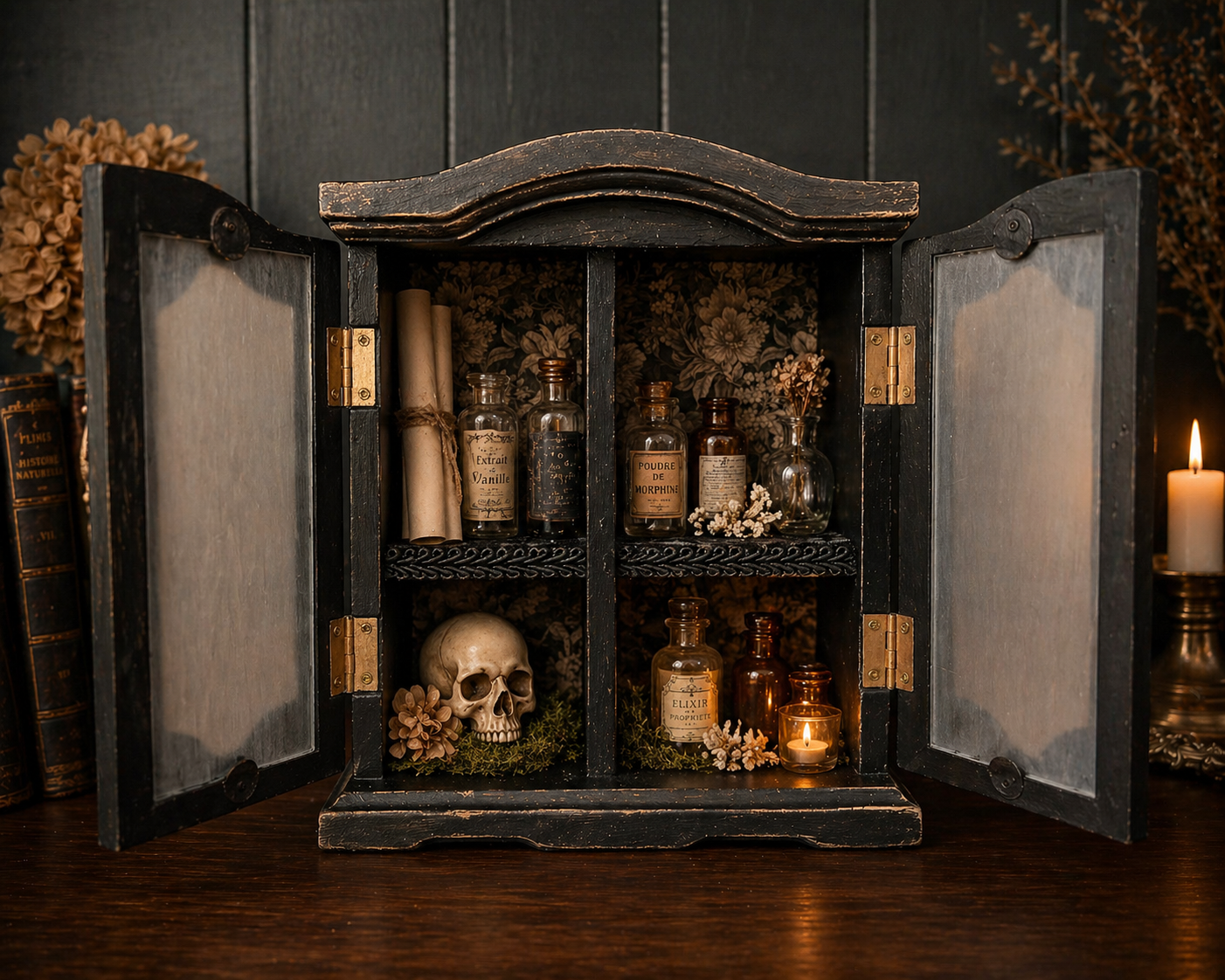 Handmade Victorian Frosted Glass Apothecary Cabinet.  Moody Black Curio Display