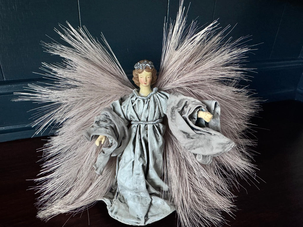 Hand-Painted Silver Gray Angel with Pampas Wings