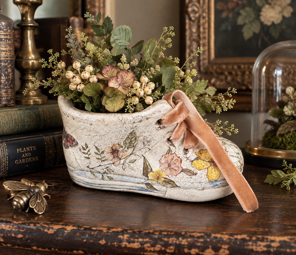 Hand-Finished Botanical Ceramic Shoe Vessel
