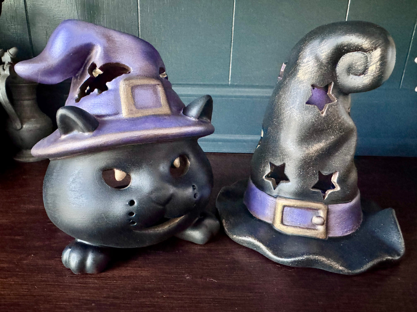 Hand-Painted Black Cat & Witch Hat Halloween Luminary Set | Ceramic Halloween Decor