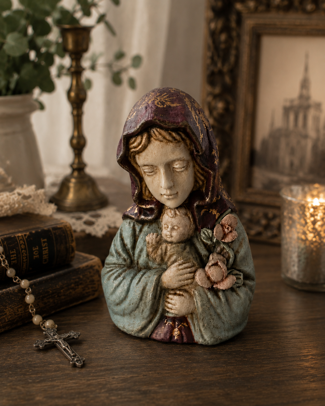Hand Painted Ceramic Madonna & Child Bust | One of a Kind Old World Inspired Home Decor