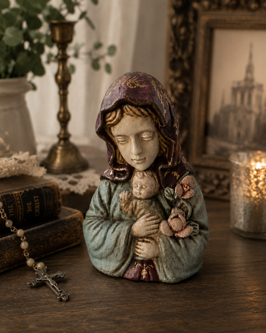 Hand Painted Ceramic Madonna & Child Bust | One of a Kind Old World Inspired Home Decor