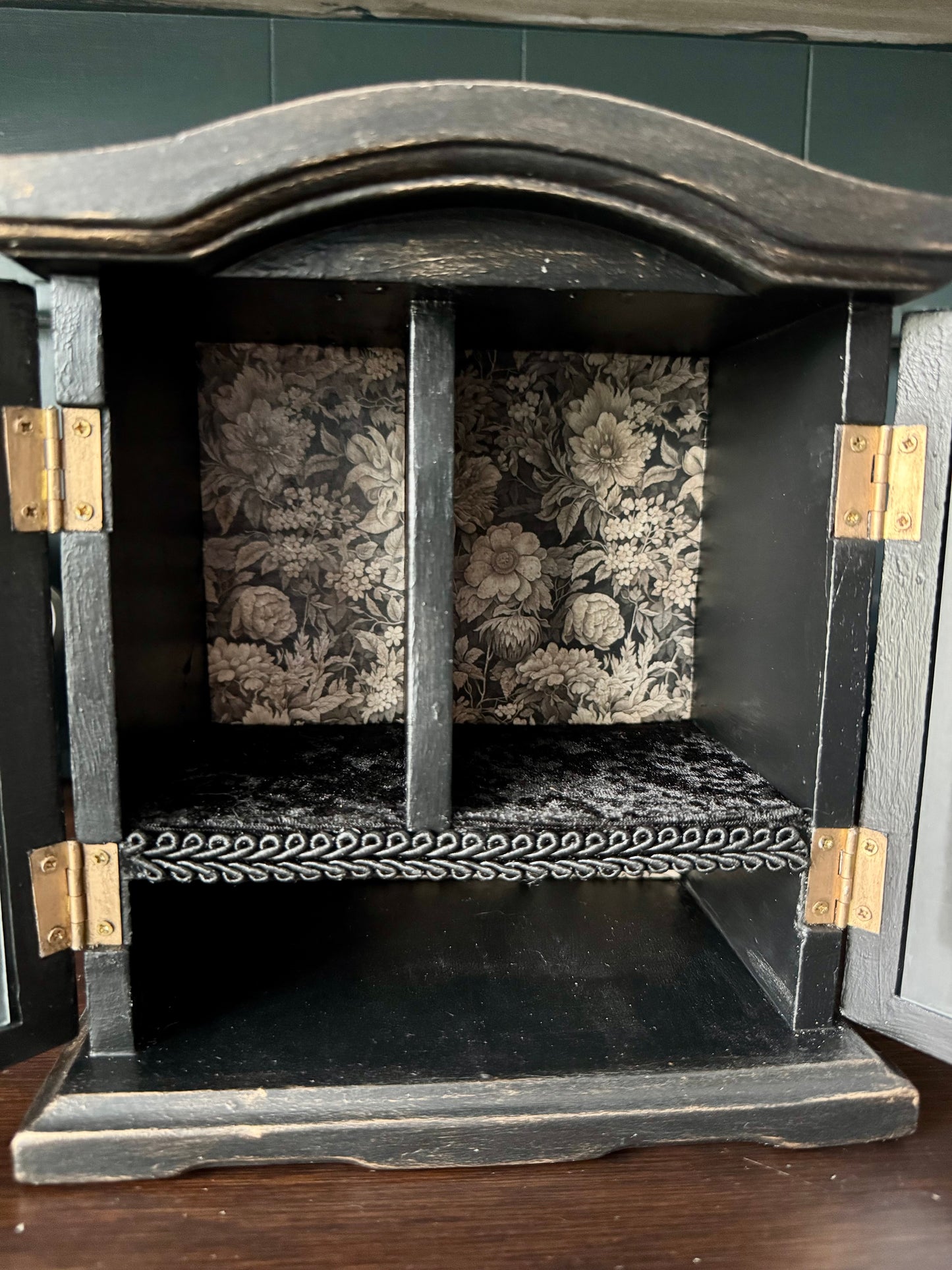Handmade Victorian Frosted Glass Apothecary Cabinet.  Moody Black Curio Display