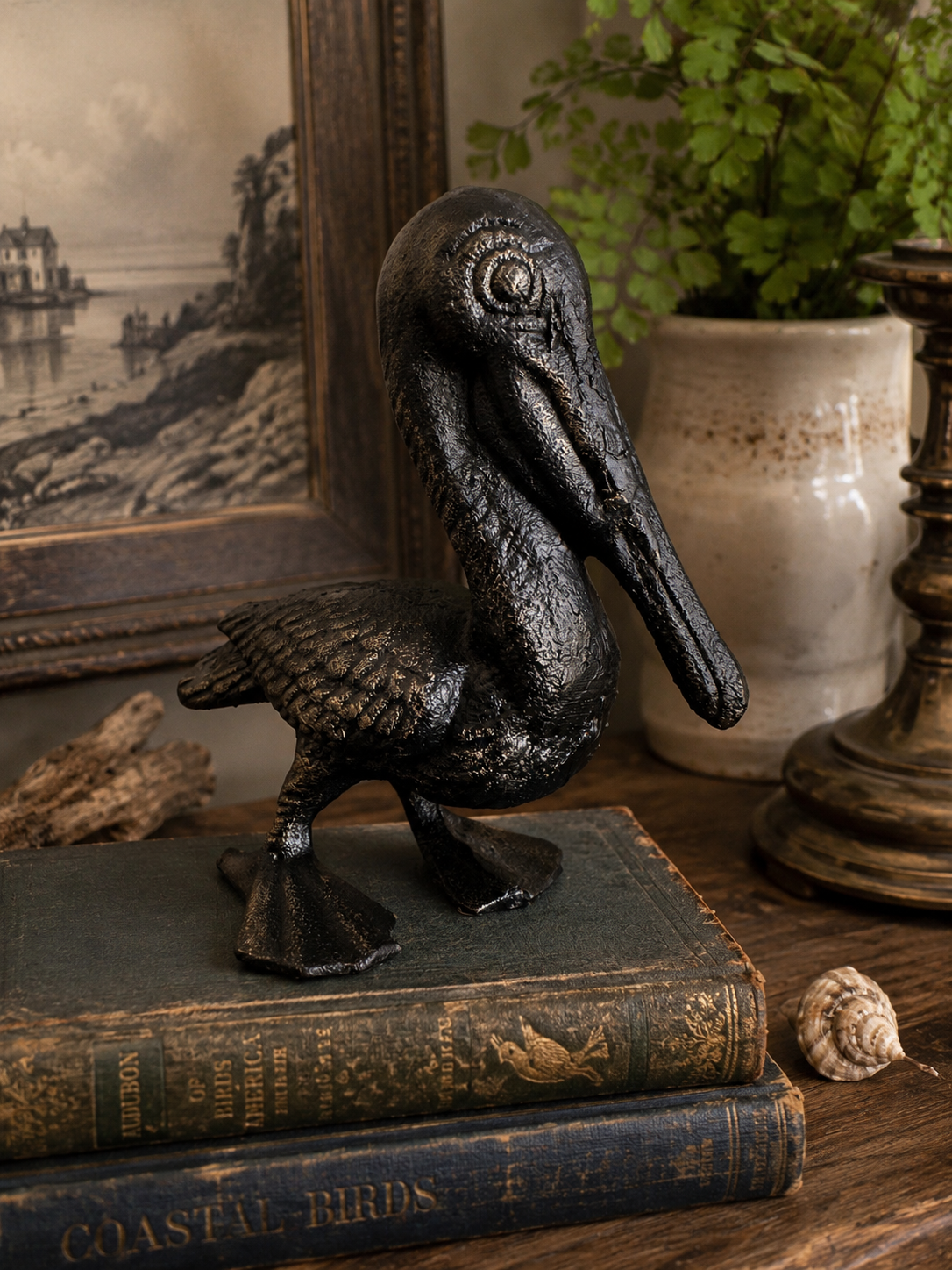 Hand-Painted Cast Iron Pelican Statue | Coastal Bird Decor | Garden Accent