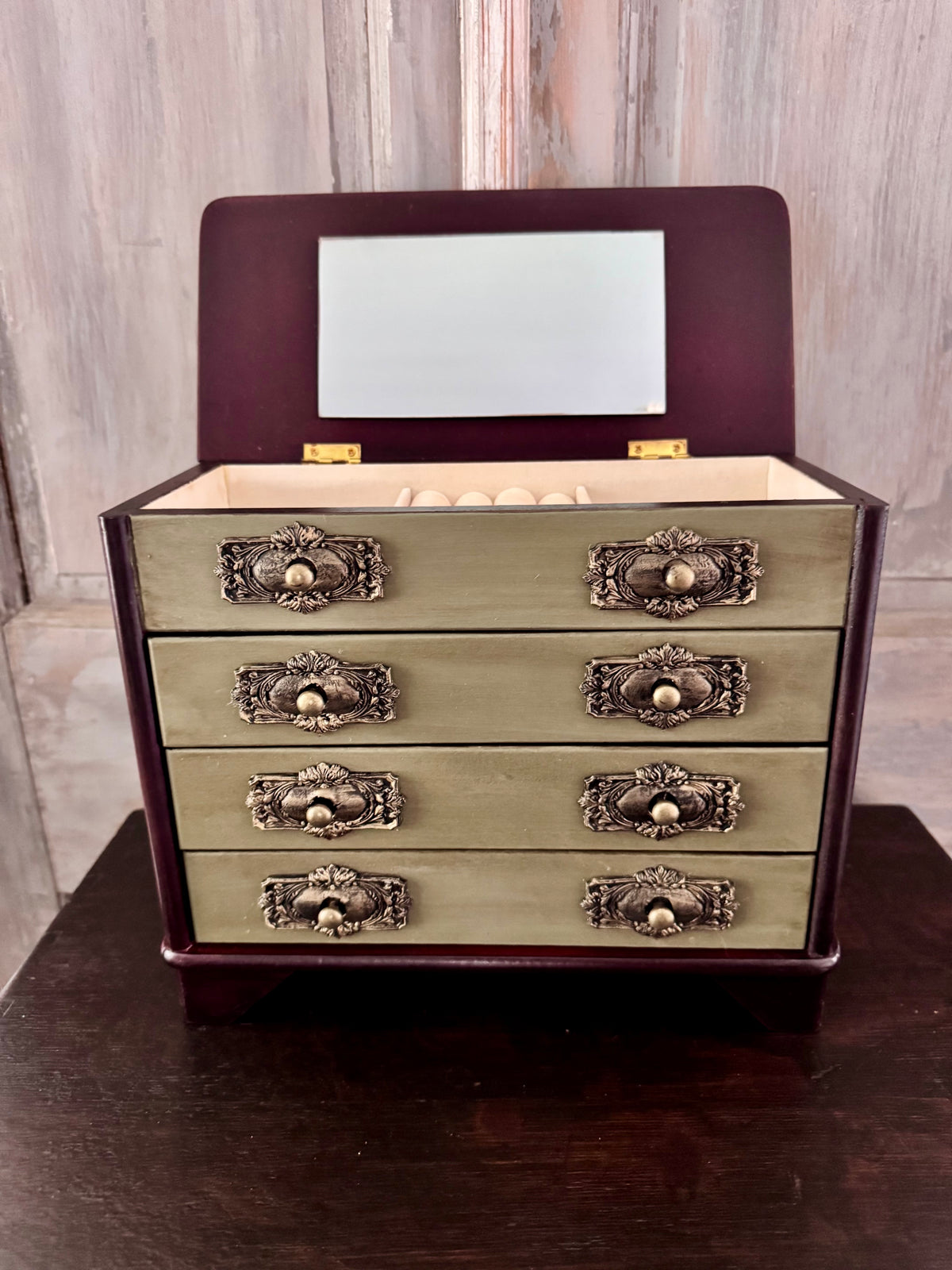 Refinished Wood Jewelry Cabinet with Mirror