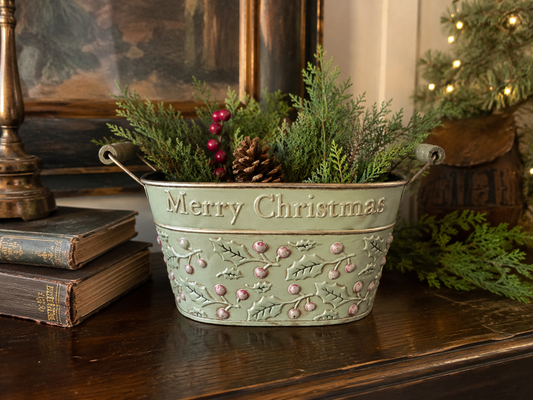 Hand-Painted Merry Christmas Holly Tin Bucket