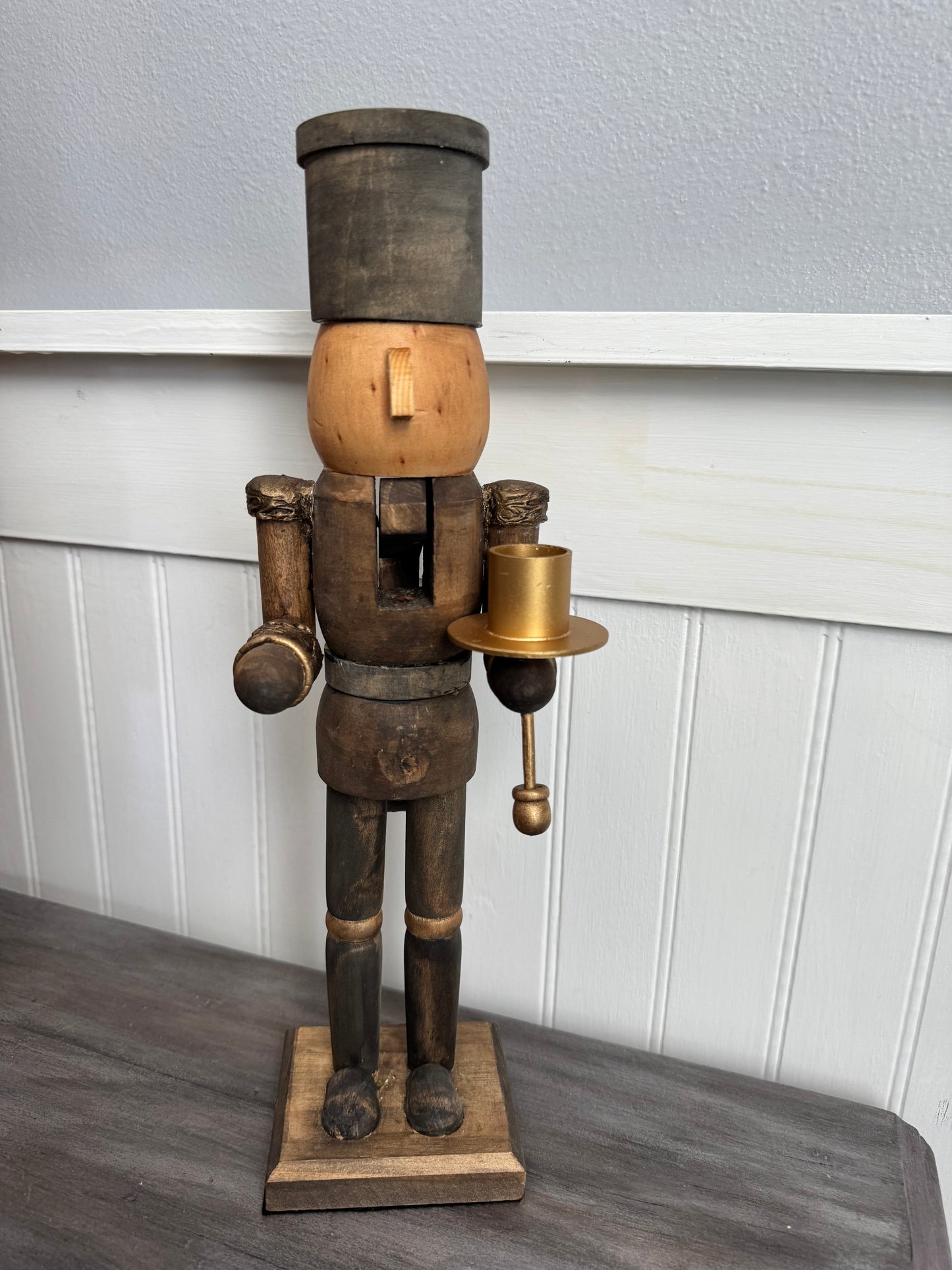 Wooden Stained Nutcracker Candleholder