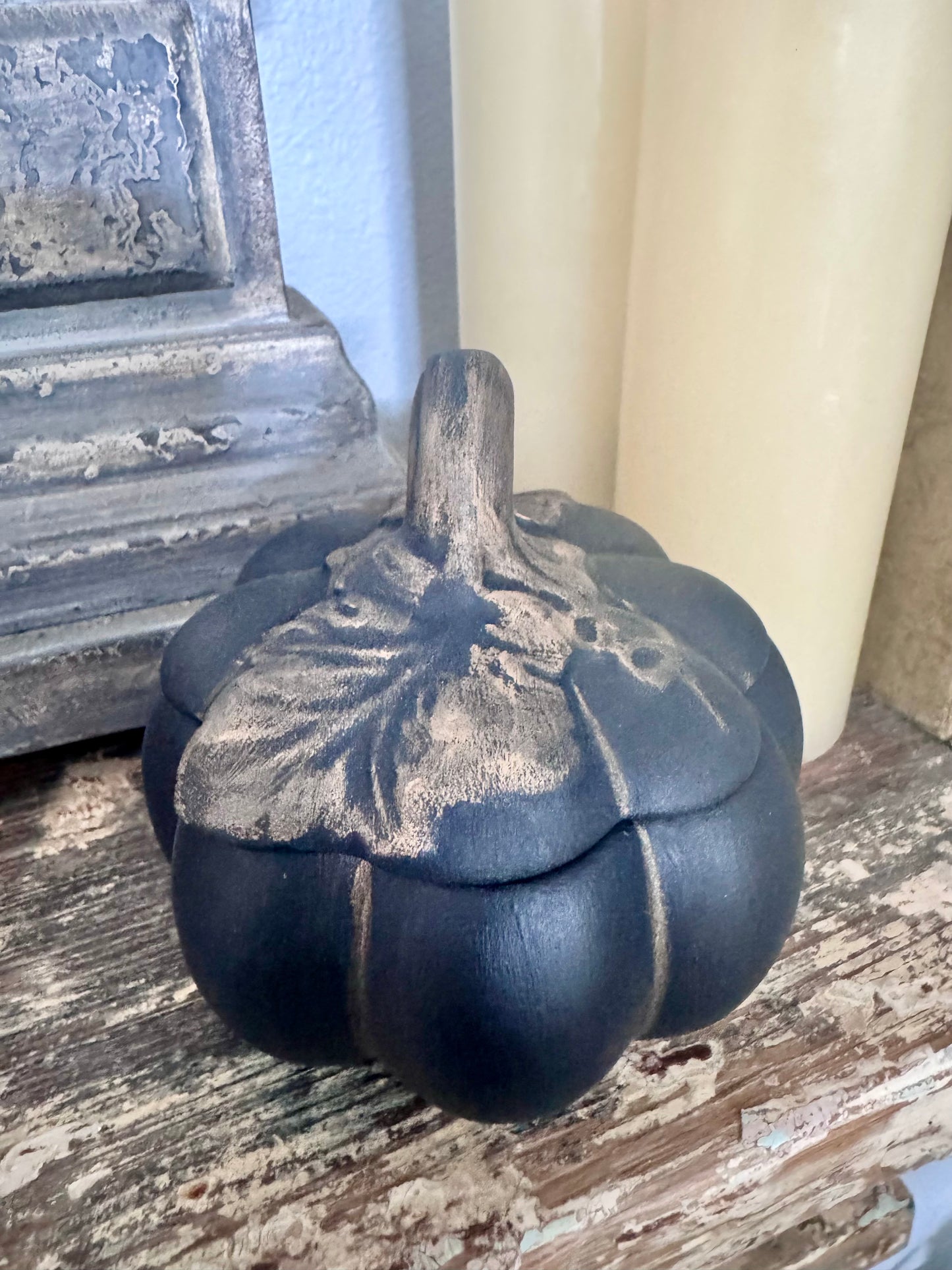 Hand Painted Black Ceramic Pumpkin Trinket Box with Aged Bronze Detail