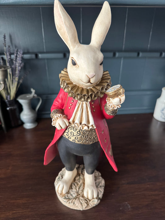Hand Painted White Rabbit with Clock – Storybook Rabbit Statue 13.5”