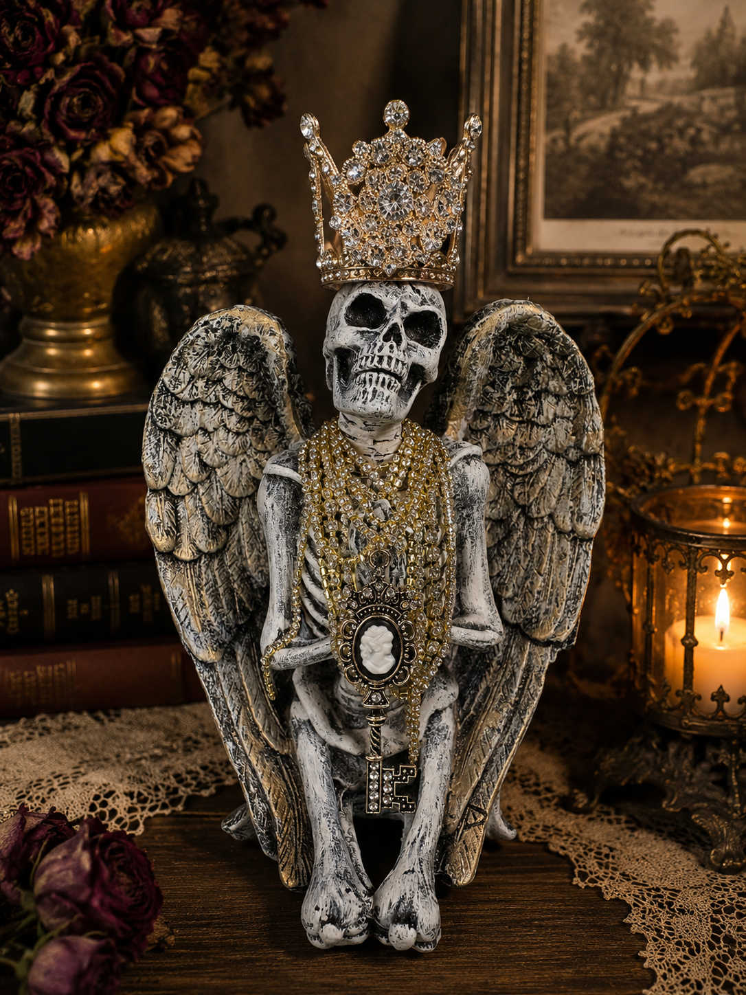 Jeweled Skeleton Angel with Crown | Hand Painted Gothic Decor