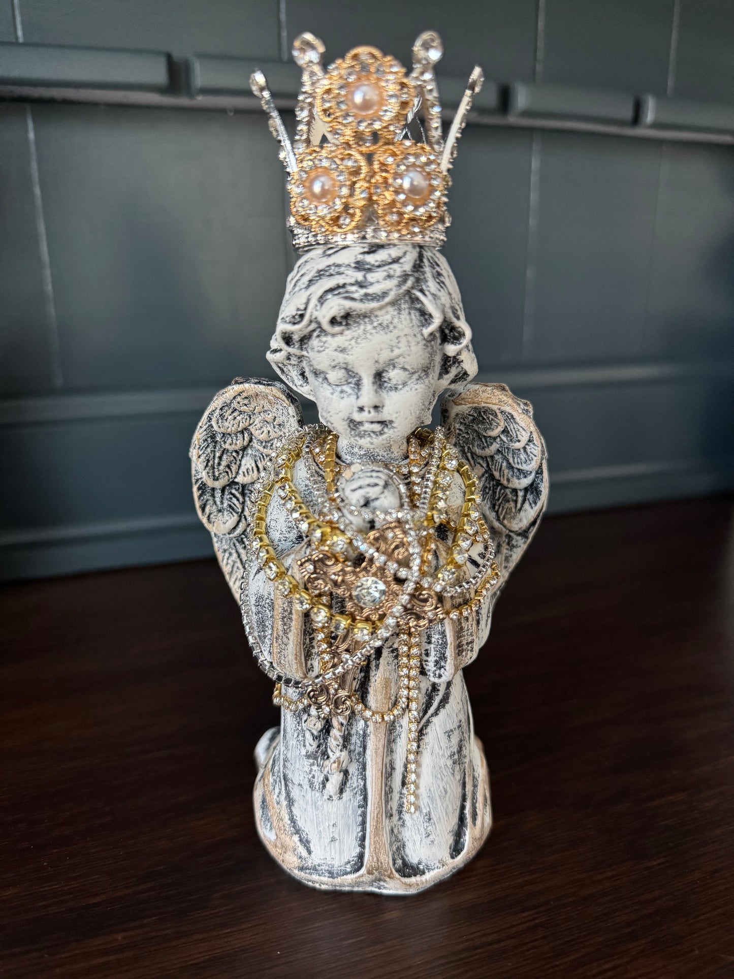 Hand Painted Resin Kneeling Angel Statue with Jeweled Crown