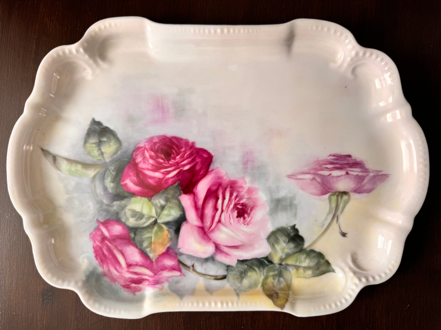 D&C France hand-painted porcelain rose tray with beaded rim