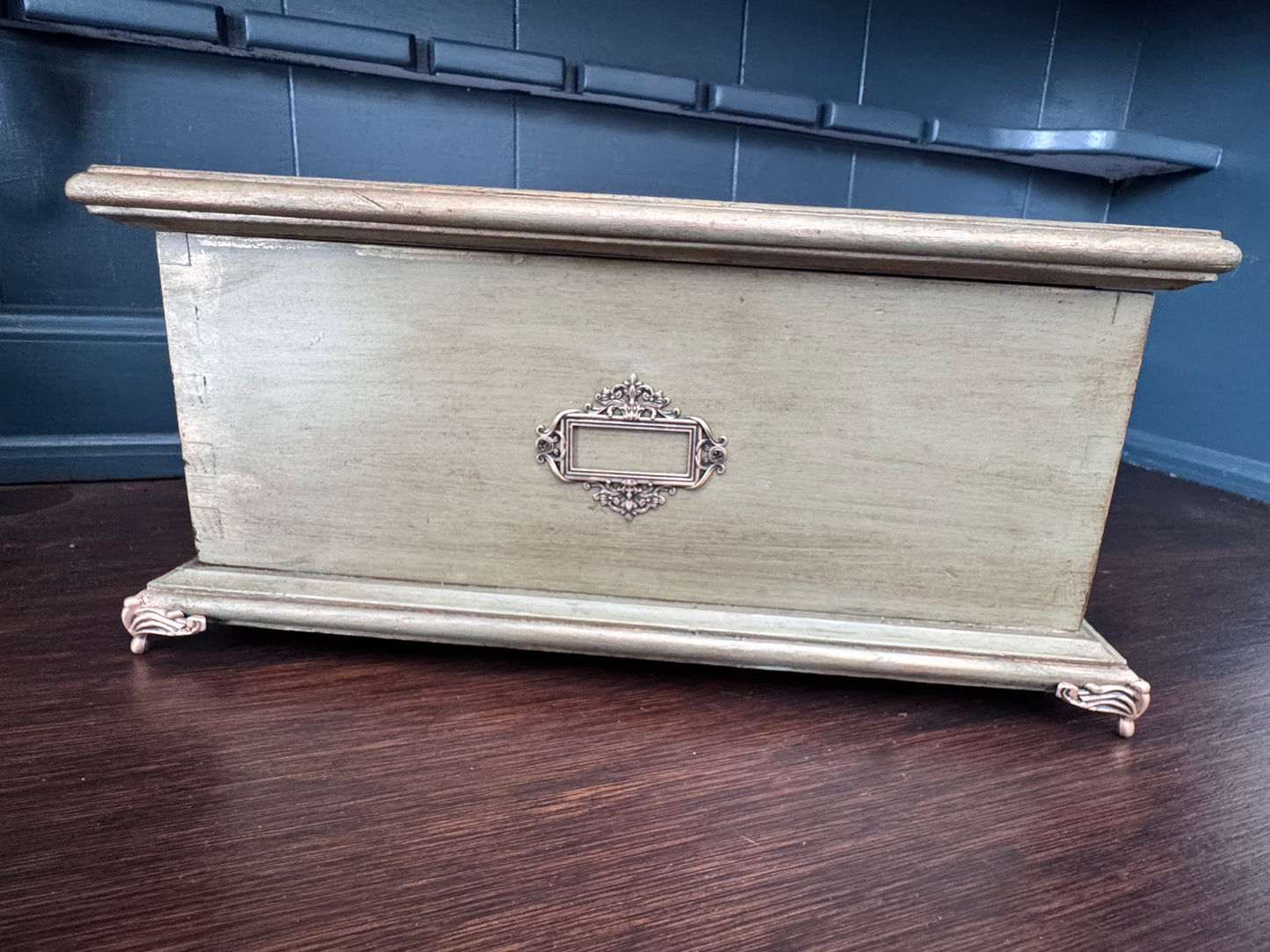 Hand Painted Sage Green Wooden Keepsake Box with Botanical Interior