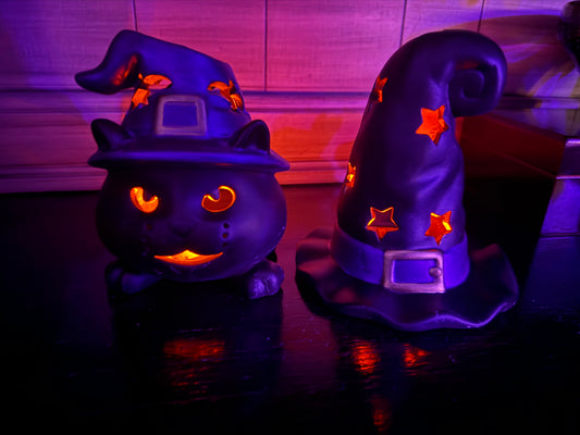Hand-Painted Black Cat & Witch Hat Halloween Luminary Set | Ceramic Halloween Decor