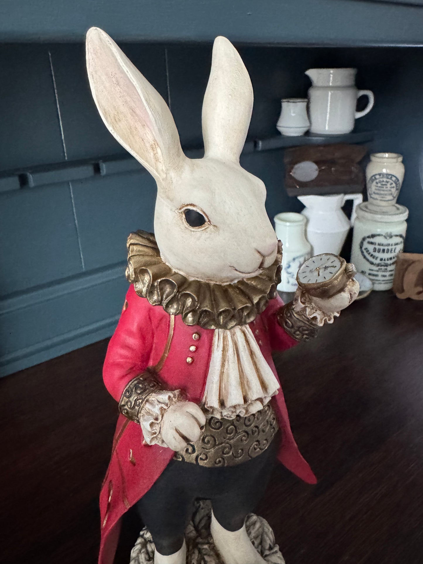 Hand Painted White Rabbit with Clock – Storybook Rabbit Statue 13.5”
