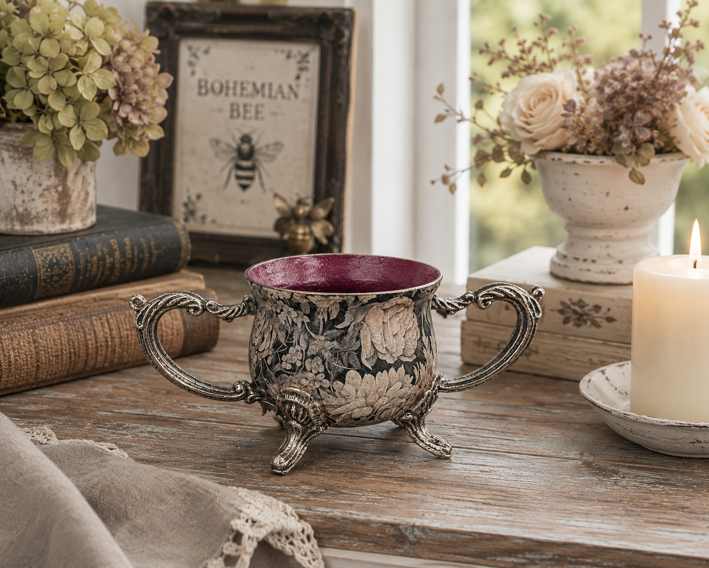 One-of-a-Kind Moody Floral Decorative Vessel with Berry Interior