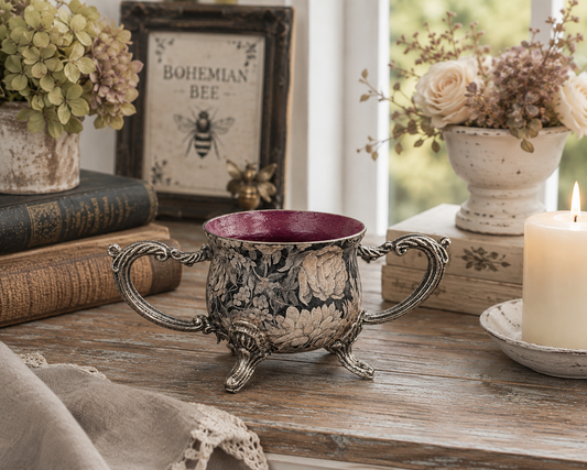 One-of-a-Kind Moody Floral Decorative Vessel with Berry Interior