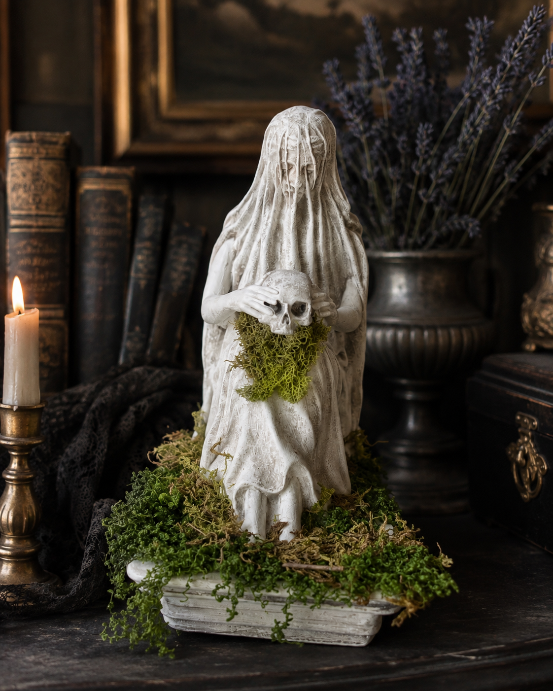 Gothic Veiled Lady Cemetery Statue with Skull