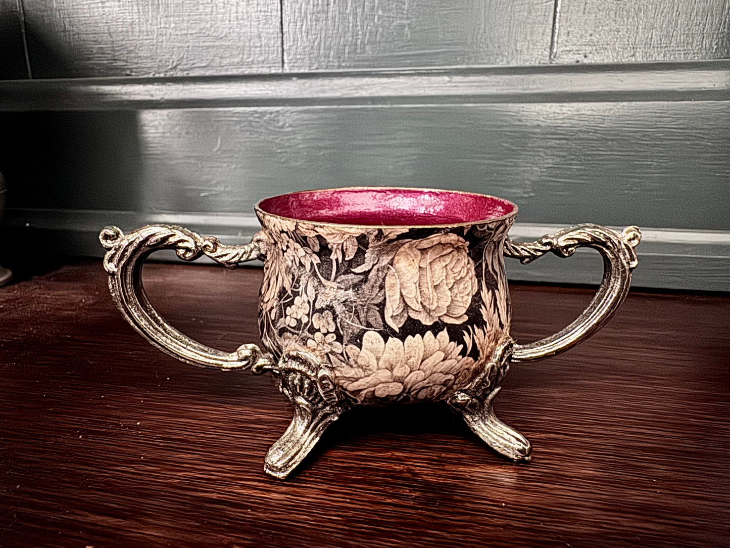 One-of-a-Kind Moody Floral Decorative Vessel with Berry Interior