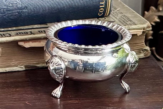 Silver Plate Salt Cellar with Cobalt Blue Glass Liner