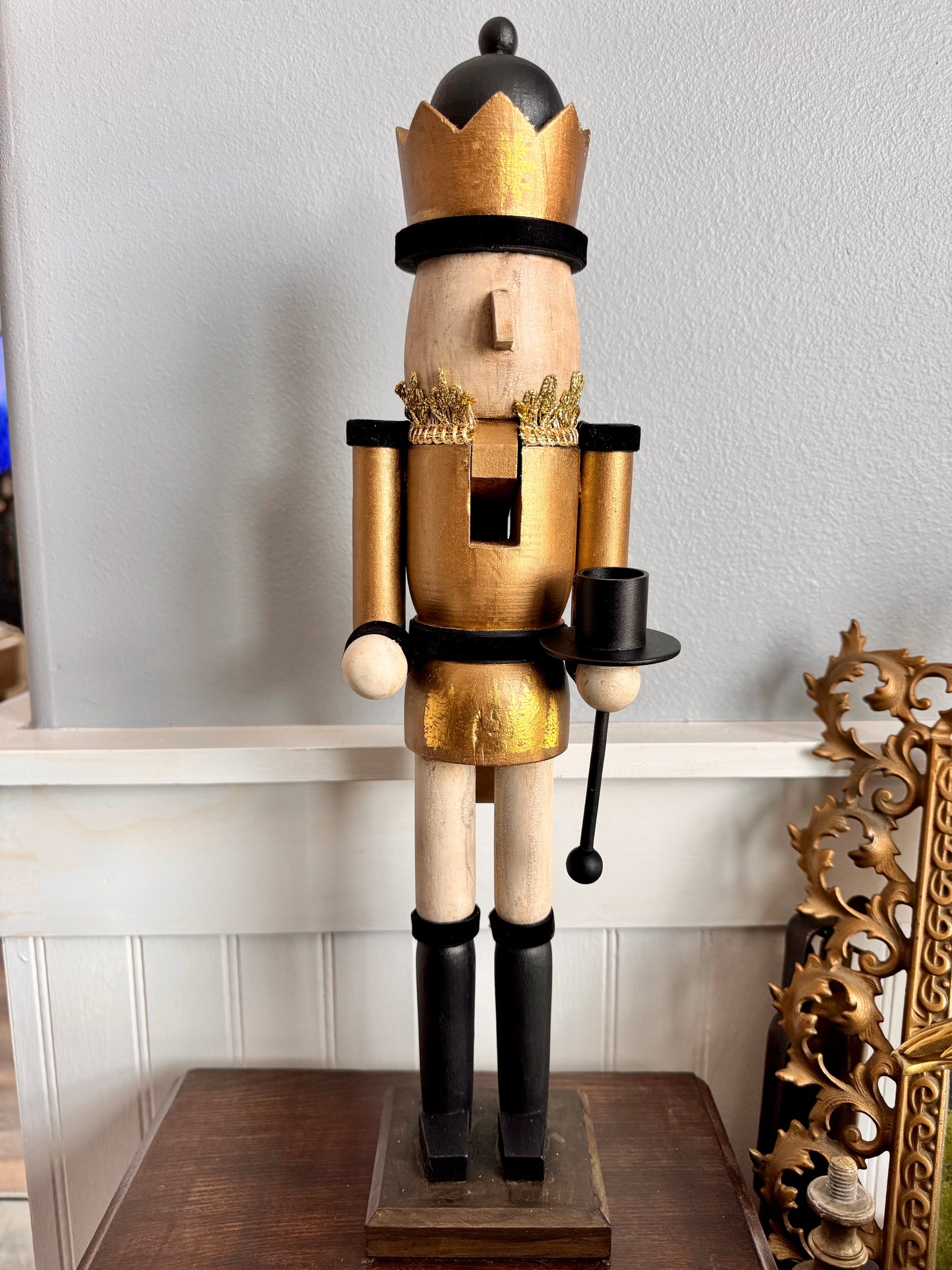 Hand Painted and Aged Wooden Nutcracker Candle Holder