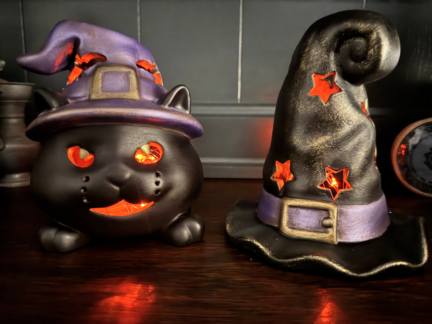 Hand-Painted Black Cat & Witch Hat Halloween Luminary Set | Ceramic Halloween Decor
