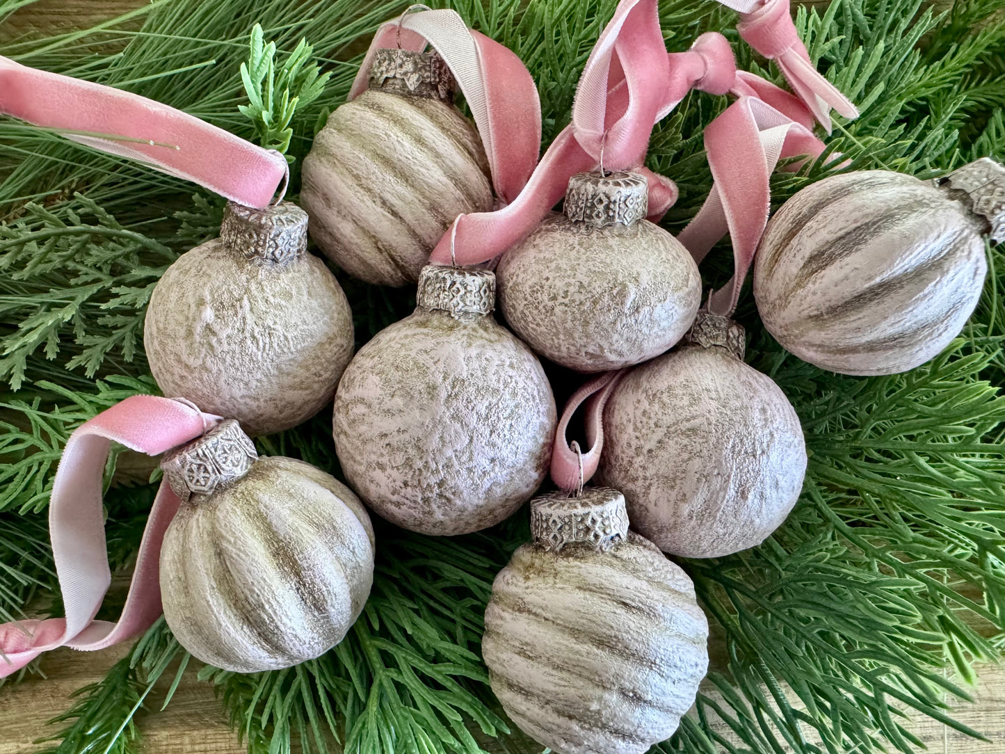 Hand Painted Textured Glass Ornaments with Velvet Ribbon (Set of 8)