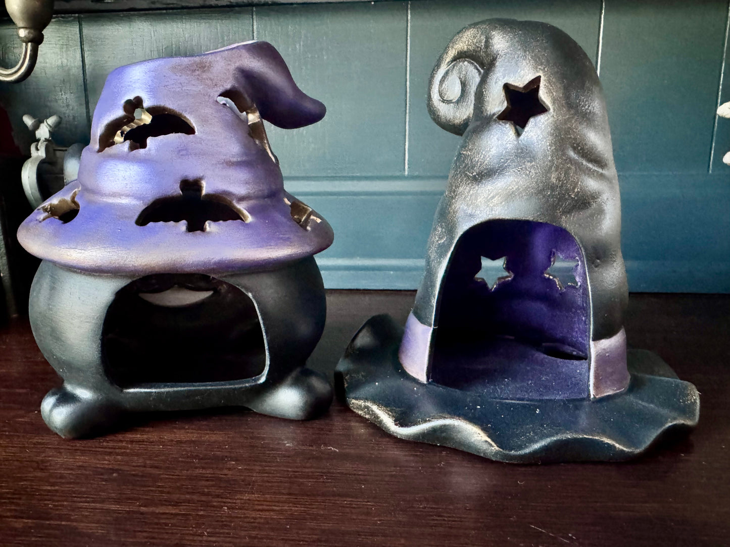 Hand-Painted Black Cat & Witch Hat Halloween Luminary Set | Ceramic Halloween Decor