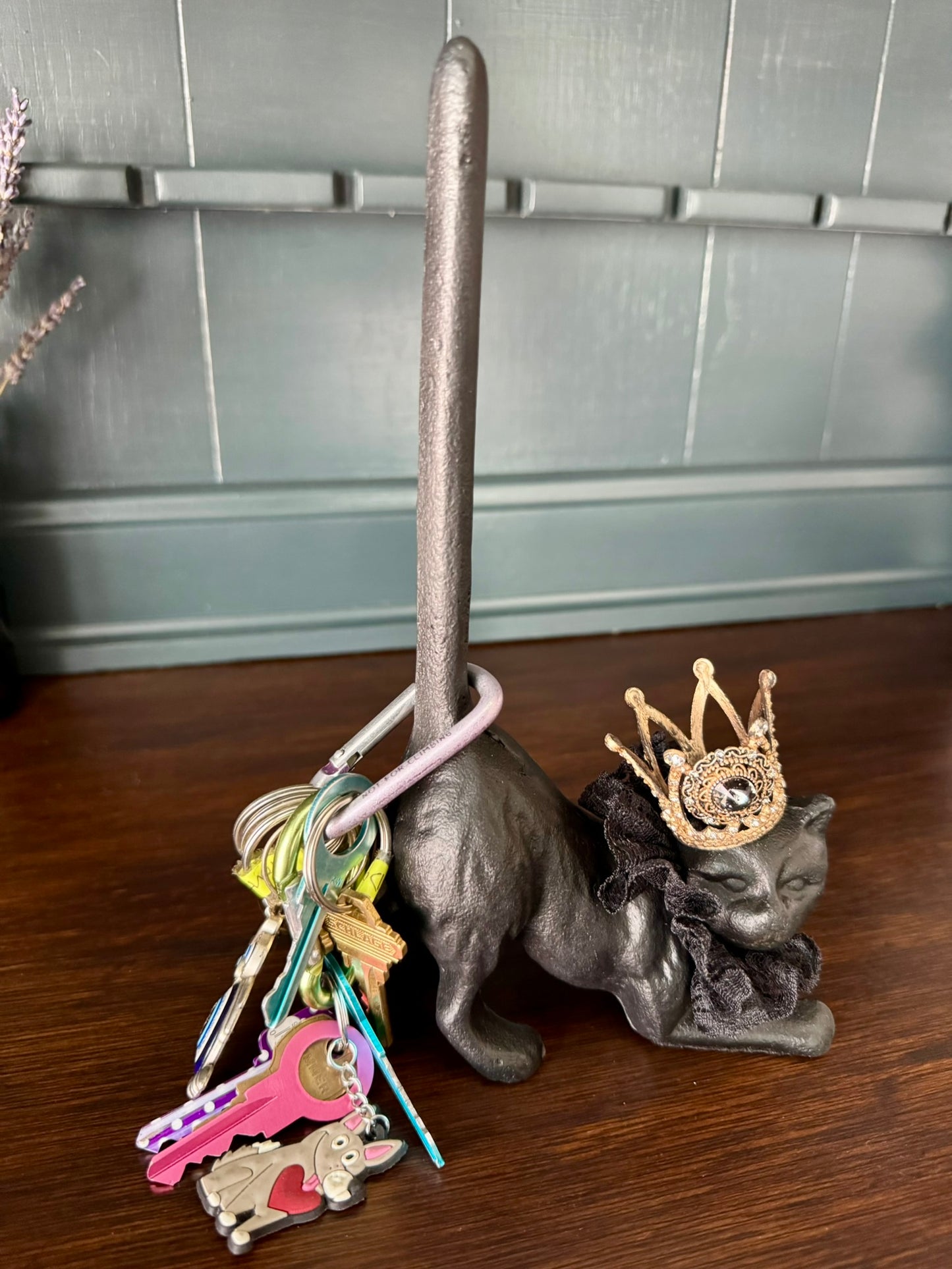Hand Painted Cast Iron Black Cat Ring Holder with Removable Crown