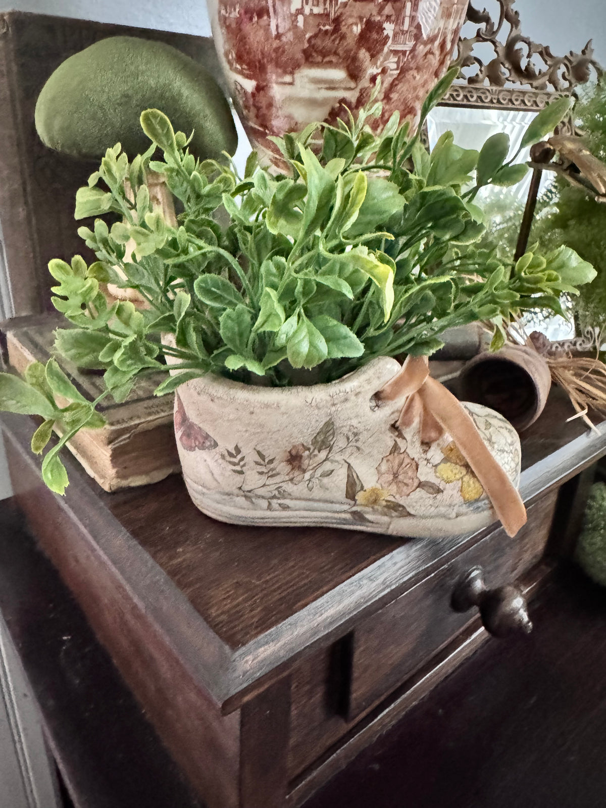 Hand-Finished Botanical Ceramic Shoe Vessel
