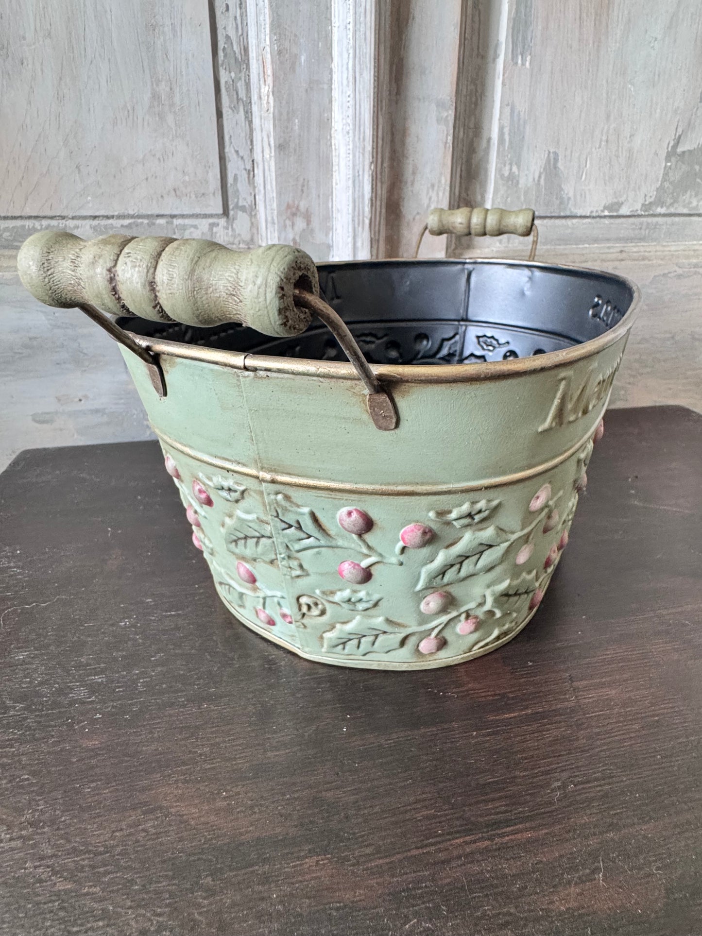 Hand-Painted Merry Christmas Holly Tin Bucket