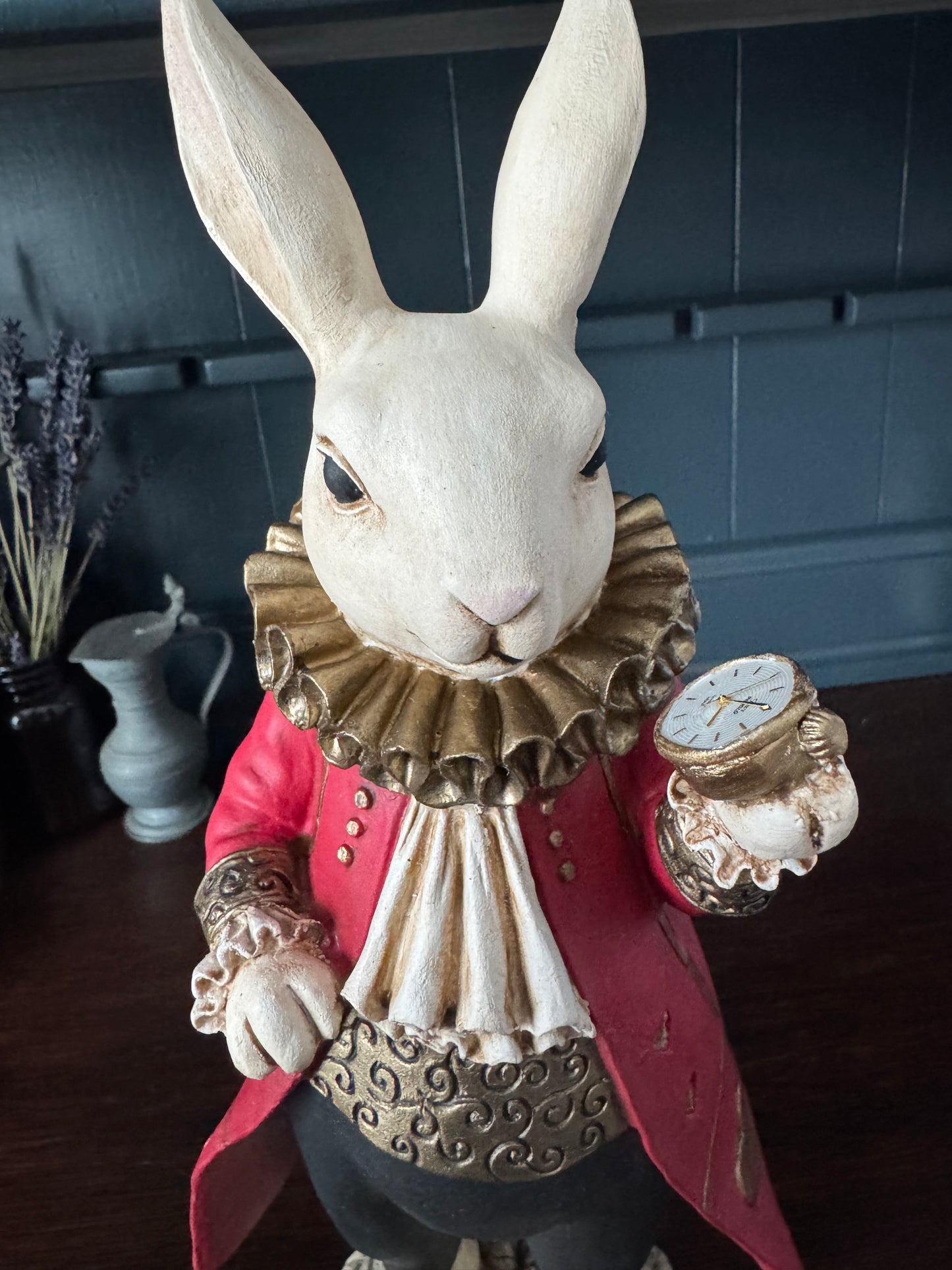 Hand Painted White Rabbit with Clock – Storybook Rabbit Statue 13.5”