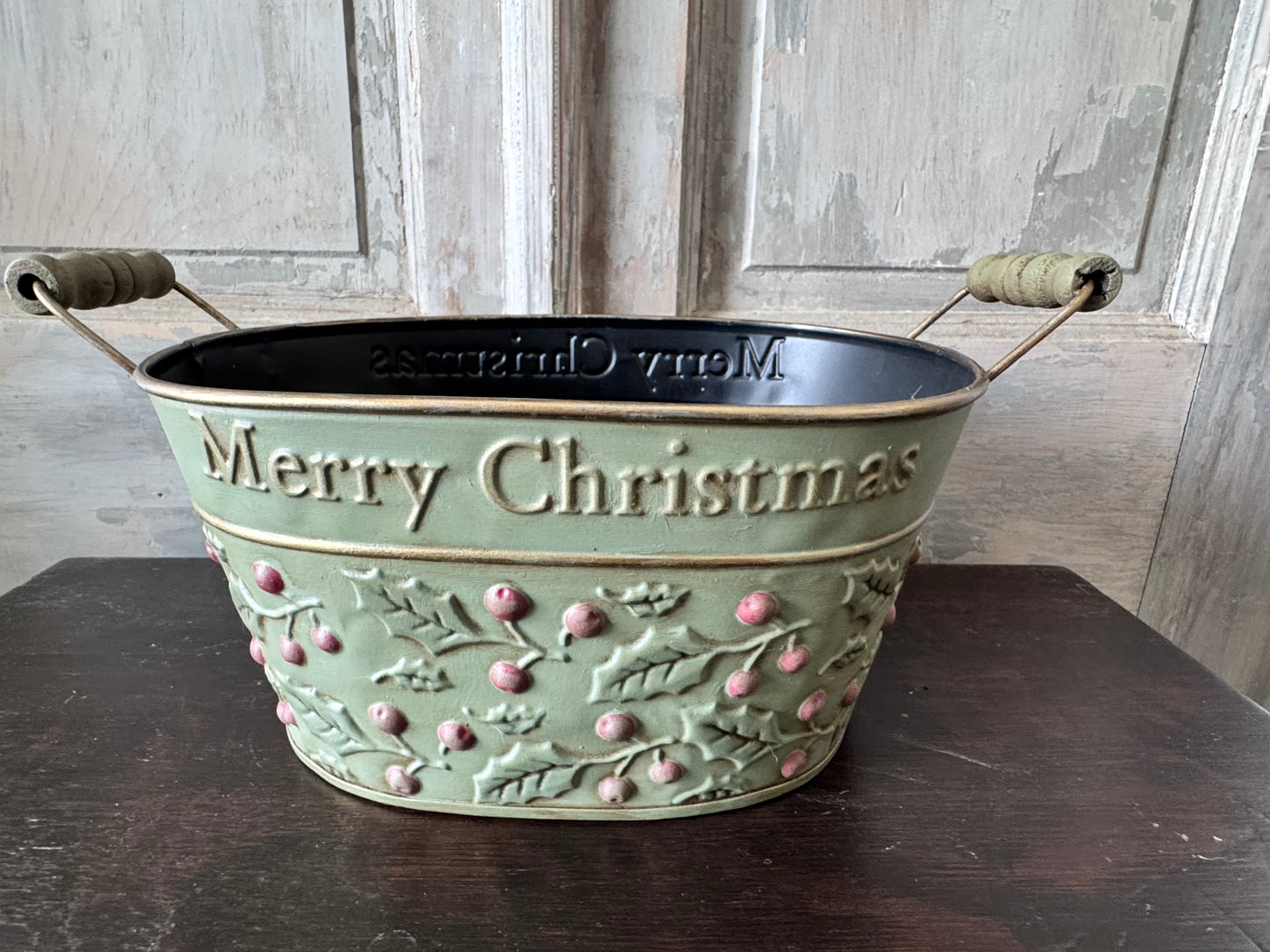 Hand-Painted Merry Christmas Holly Tin Bucket