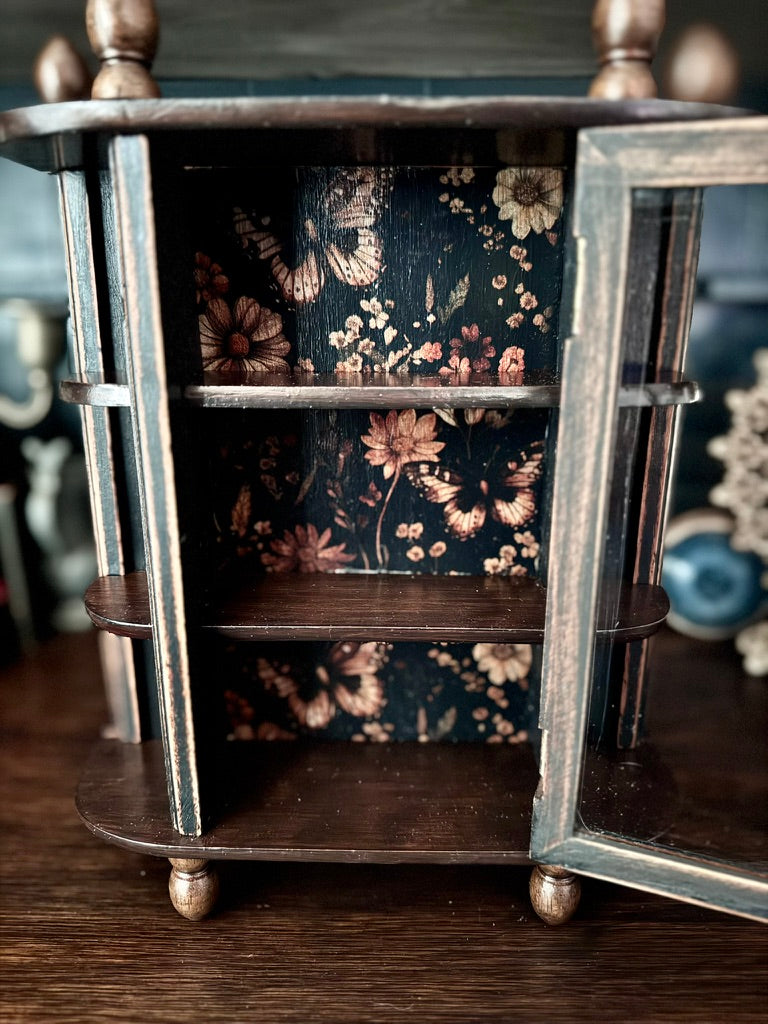 Hand Painted Victorian Gothic Apothecary Display Cabinet | Butterfly Curio Shelf | Dark Academia Wall or Tabletop Cabinet