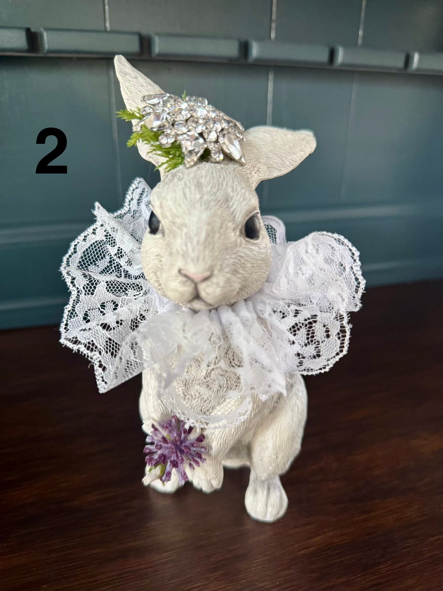 Hand Painted Bunny with Jeweled Hat & Lace Collar – Vintage Spring Decor