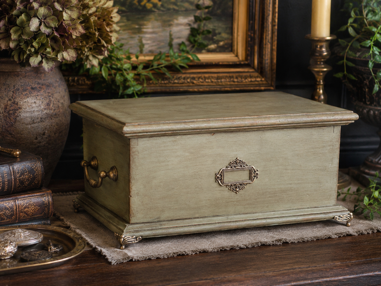 Hand Painted Sage Green Wooden Keepsake Box with Botanical Interior
